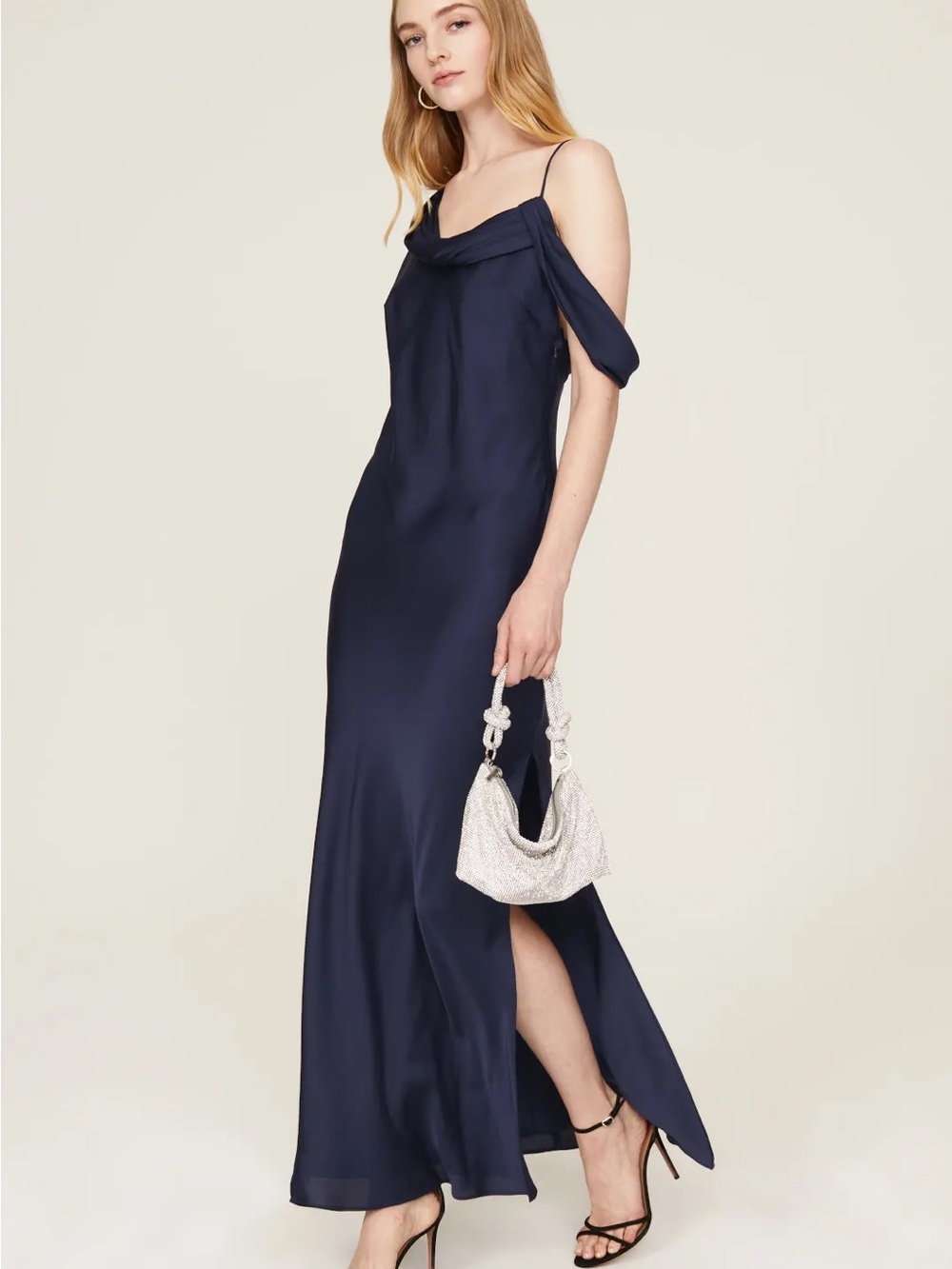 Fame and Partners Midnight Navy Satin Off-Shoulder Maxi Dress